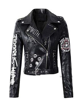 Faux Leather Punk Jacket with Belt Motorcycle Biker Coat